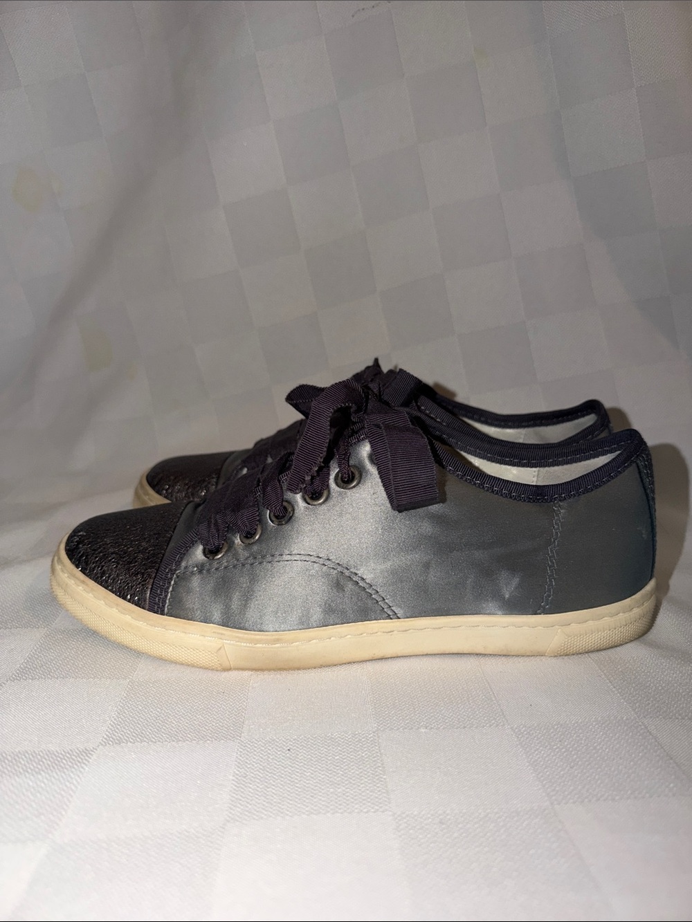 36.5 6 6.5 Lanvin Gray Blue Satin Low-Top Glitter Cap Toe Ribbon Laces Sneakers